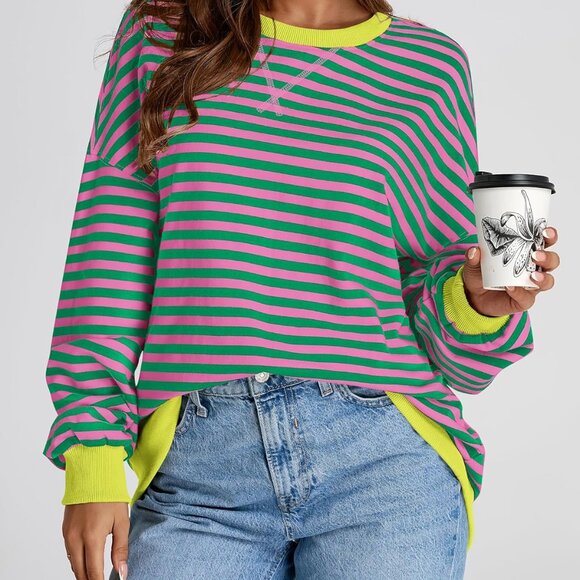 Womens Oversized Striped Sweatshirt Crewneck Long Sleeve Pullover Top Casual Y2K - Picture 6 of 8